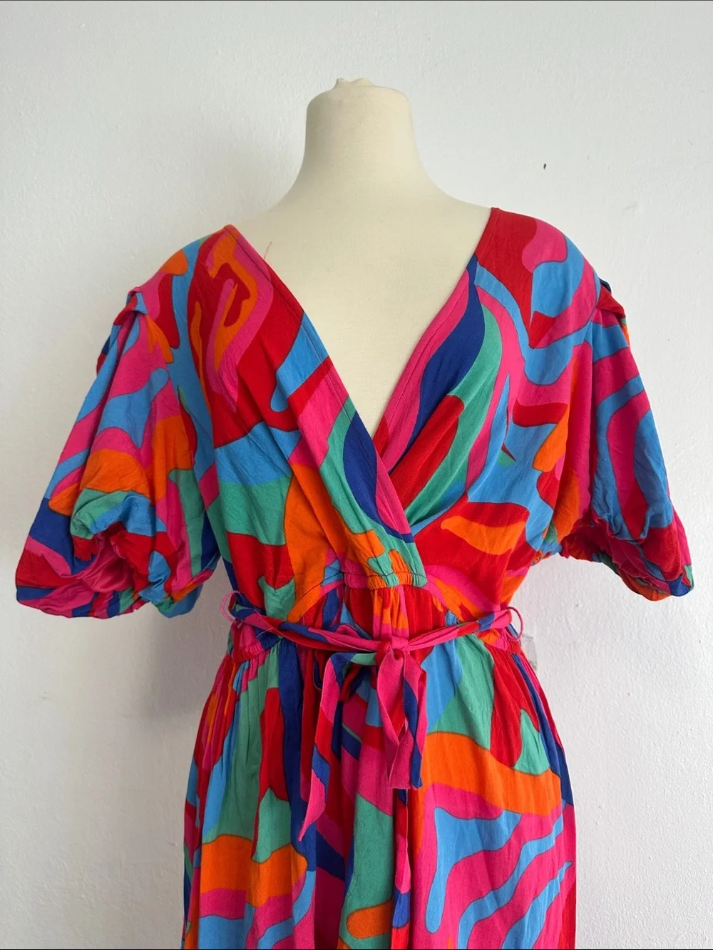 Colorful Pink Abstract  Maxi Dress with Self-Tie Waist